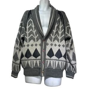 Saxony vintage Gray leather elbow patch cardigan sweater jacket Repaired Size S